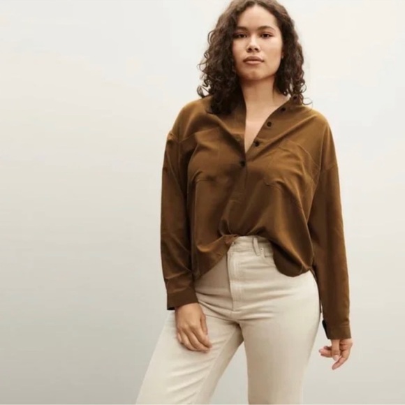 EVERLANE The Washable Silk Henley in Toffee, Size 2 - Picture 13 of 16